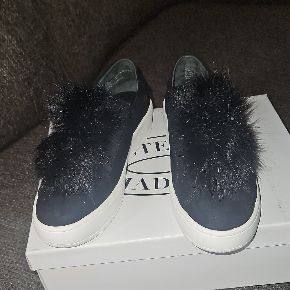 Steve Madden Black Furry Slip-On Sneakers - Picture 2 of 8